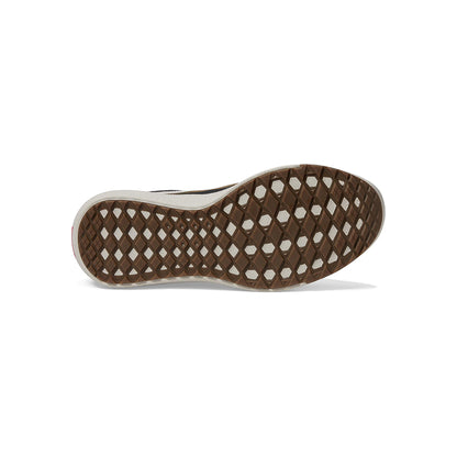 Close-up of a shoe sole with a brown and white pattern on a white background