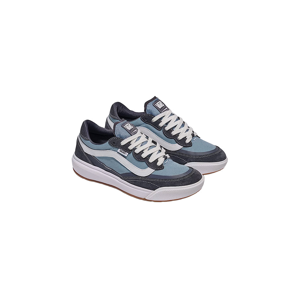 Pair of blue and black sneakers on a white background