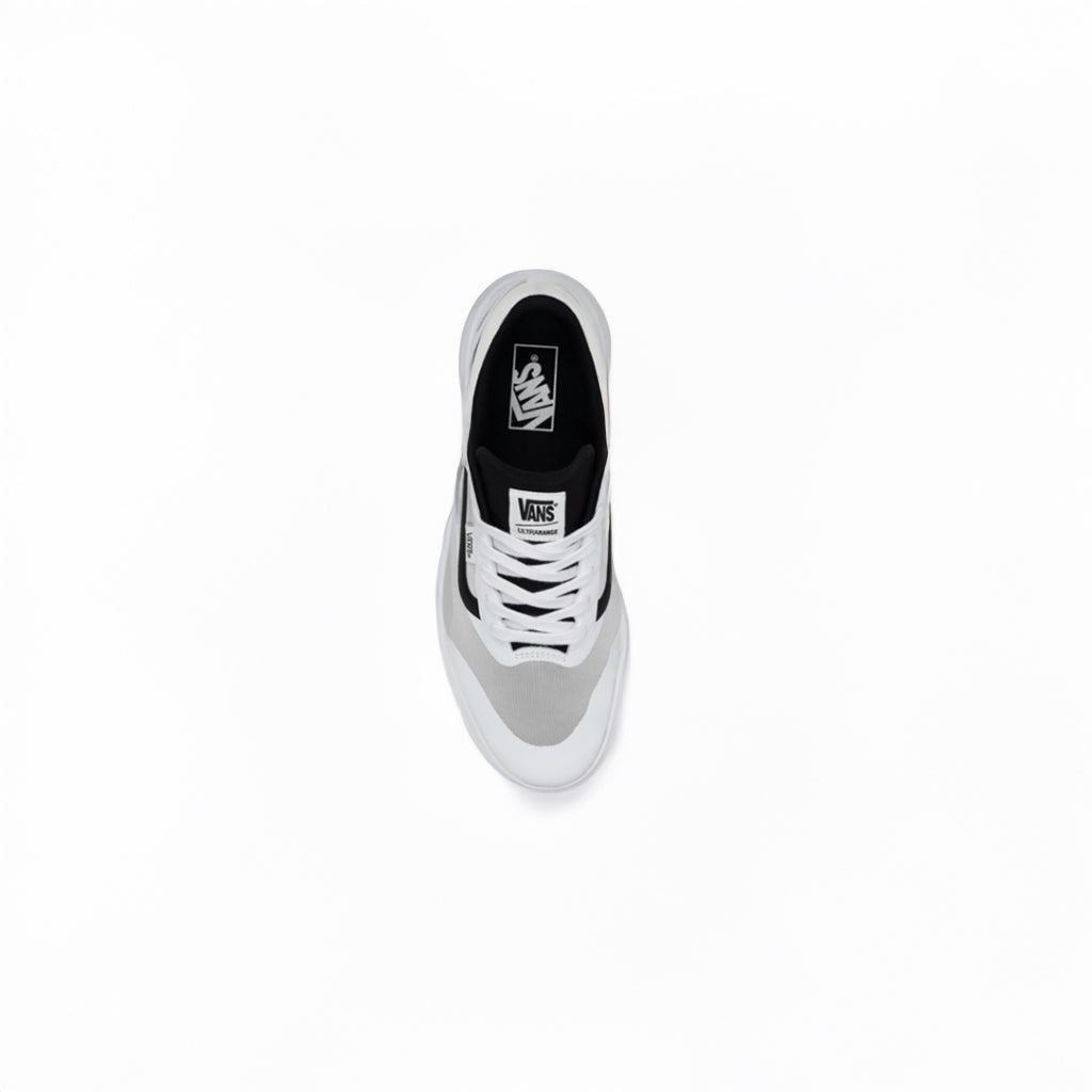 top view White sneaker with black accents on a white background