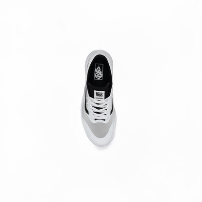 top view White sneaker with black accents on a white background