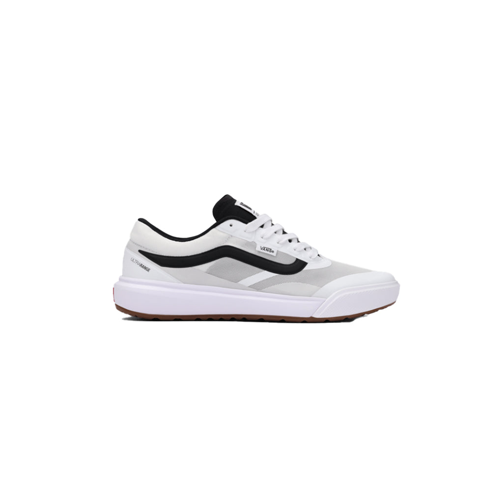 White sneaker with black accents on a white background