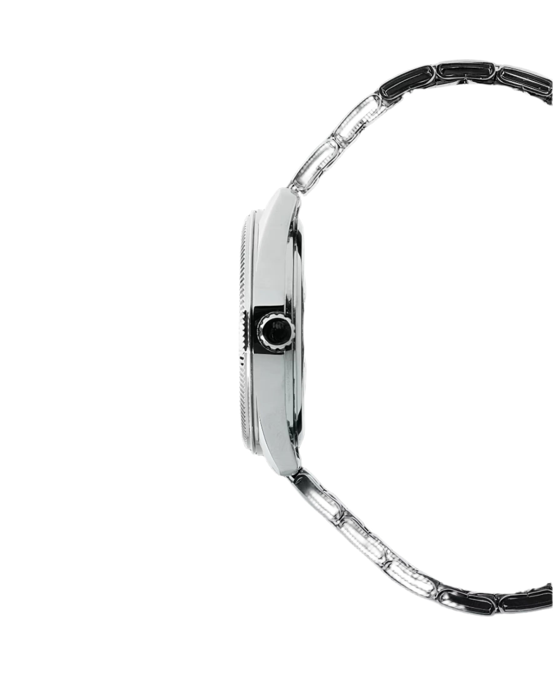 Close-up of a silver watch with a black face on a white background