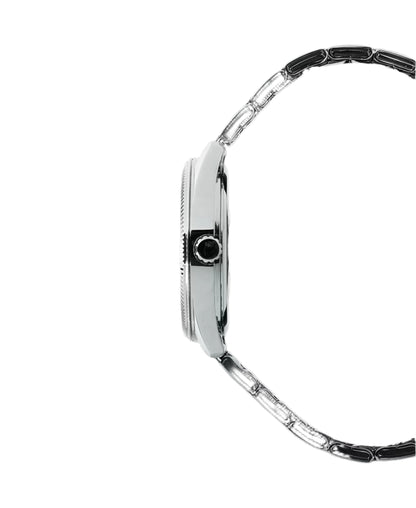Close-up of a silver watch with a black face on a white background