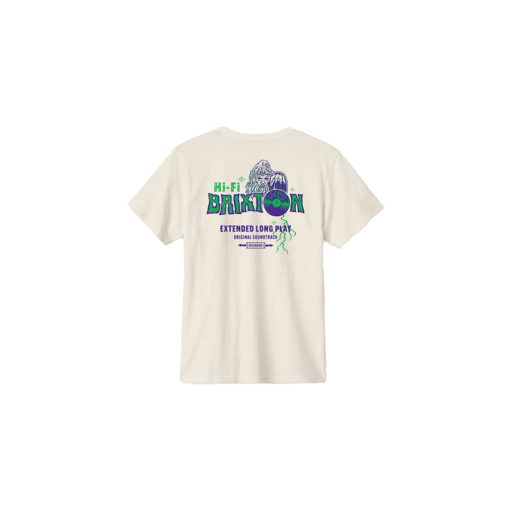 Beige t-shirt with graphic design on the back on a white background