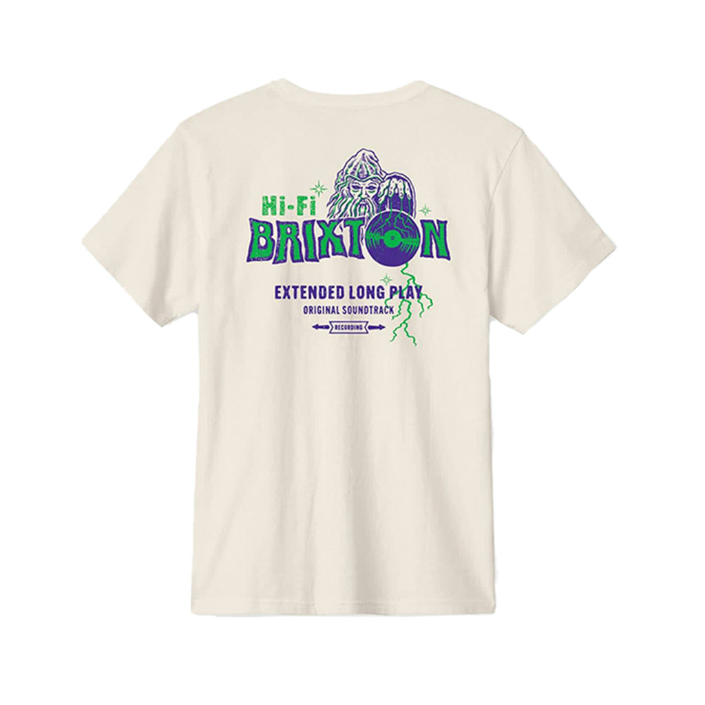 Beige t-shirt with graphic design on the back on a white background