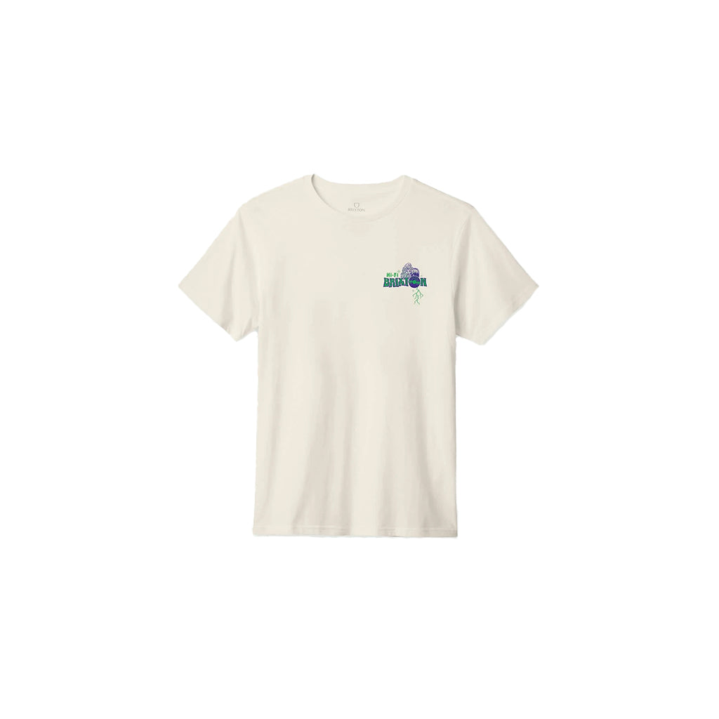 Beige t-shirt with a logo on the chest against a white background