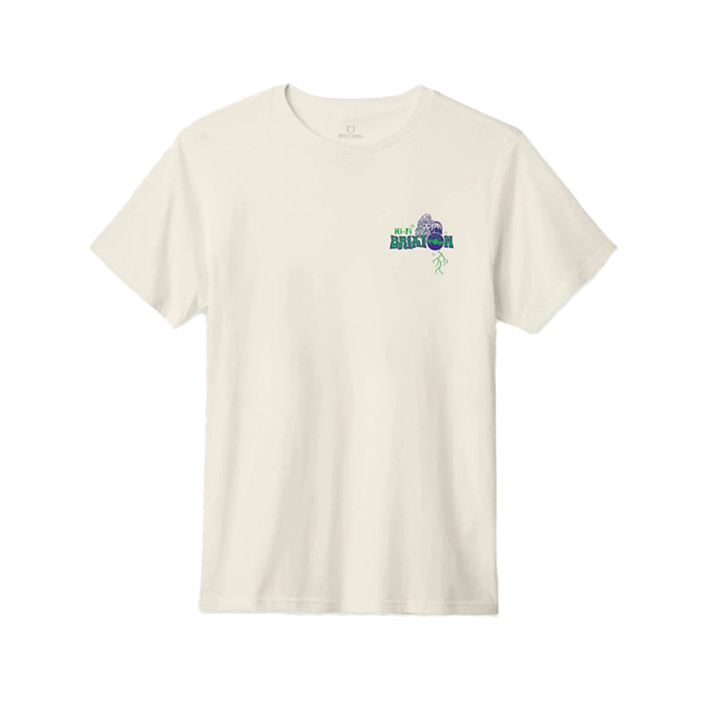White t-shirt with a logo on the chest against a white background