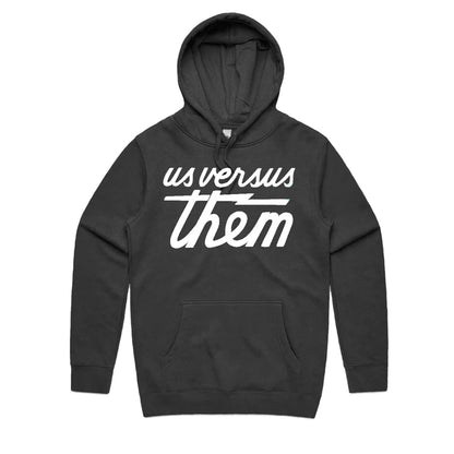 Black hoodie with 'us versus them' text on a white background