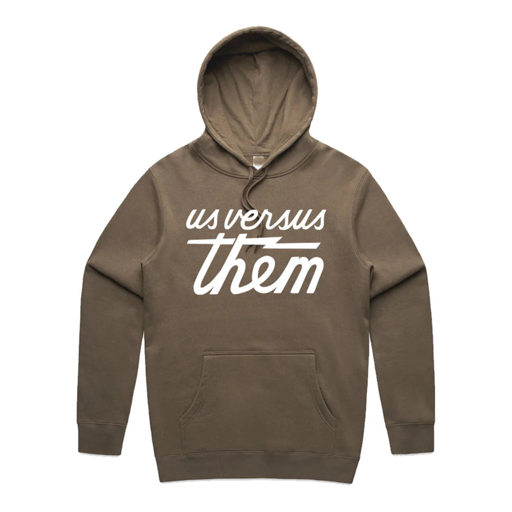 Brown hoodie with 'us versus them' text on a white background