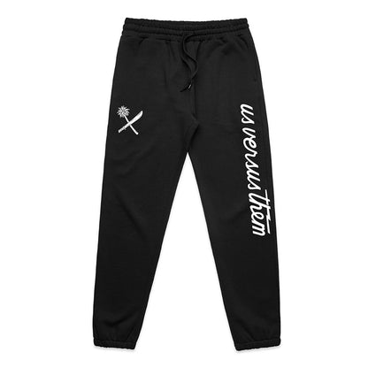 Black sweatpants with white logo and text on a white background