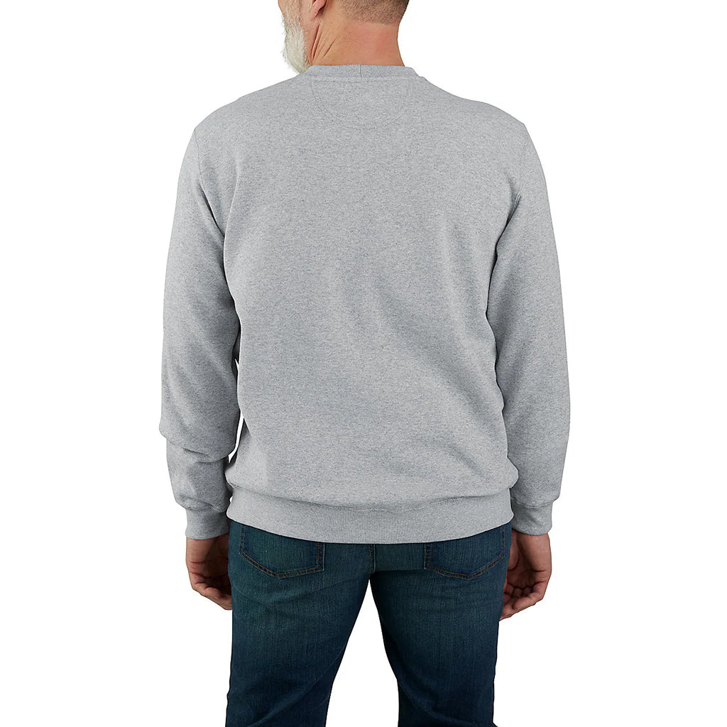 Person wearing a gray sweatshirt and blue jeans on a white background