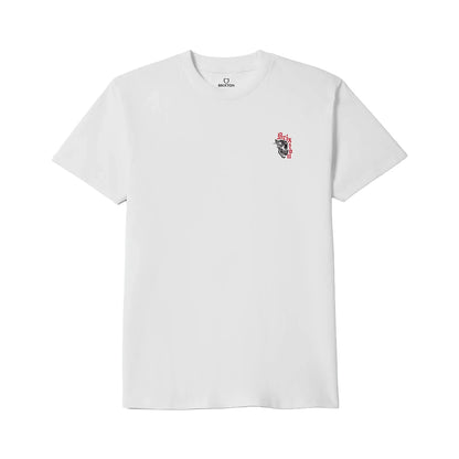 White t-shirt with a small logo on the chest against a white background