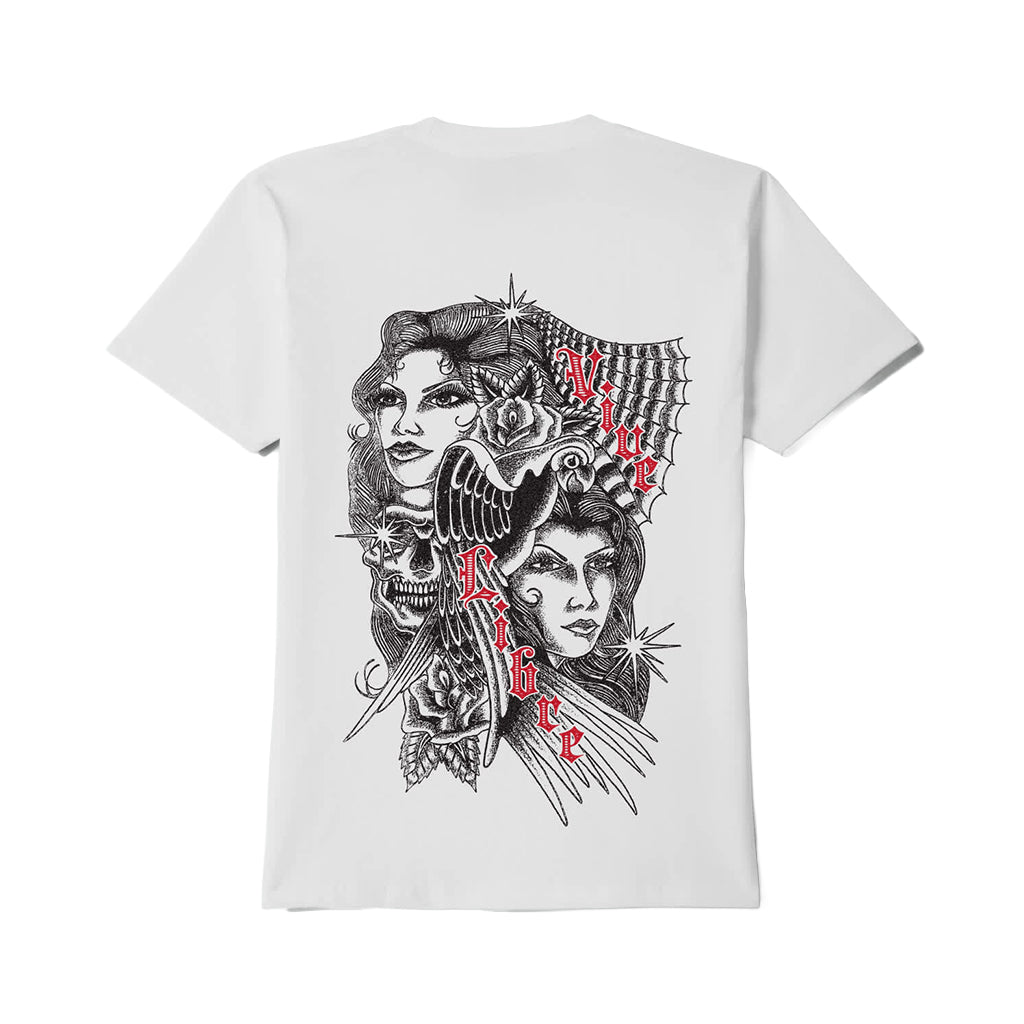 White t-shirt with black and red graphic design on a white background