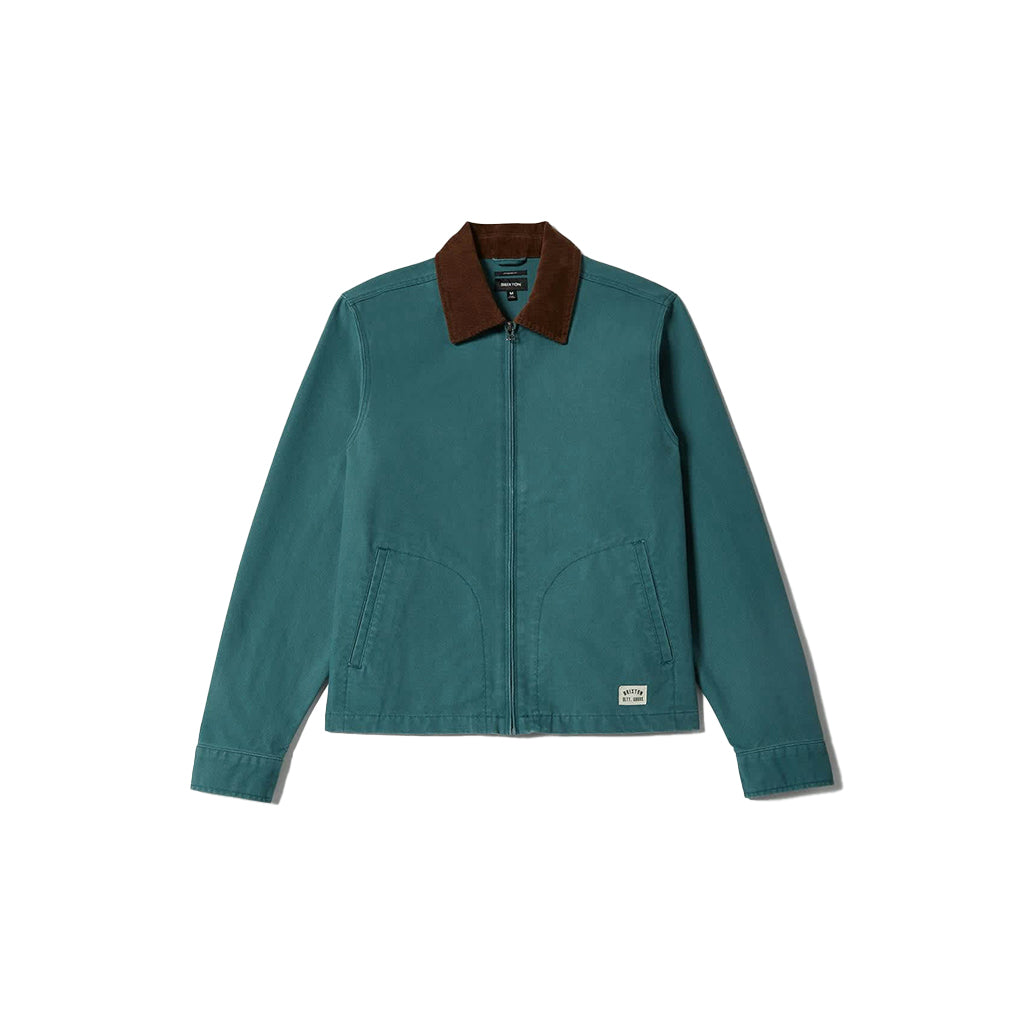 Teal jacket with brown collar on a white background