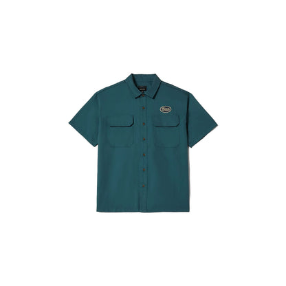 Teal short-sleeve shirt with a logo on a white background