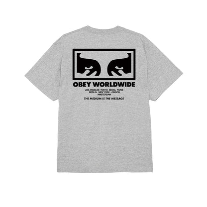 Gray t-shirt with black graphic and text on a white background