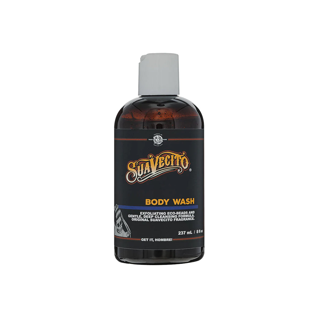 Suavecito body wash bottle on a white background