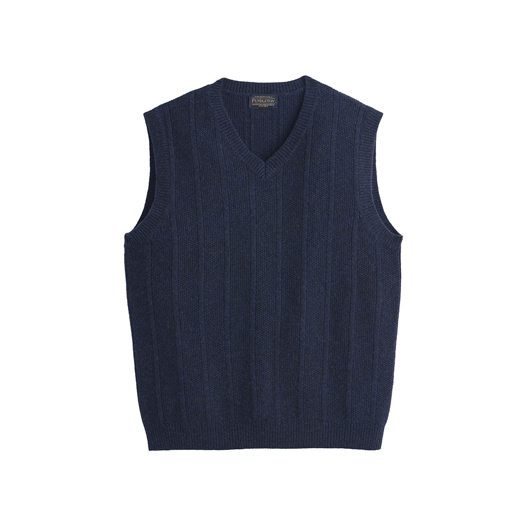Navy blue sweater vest on a white background