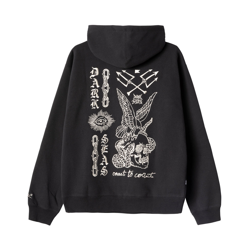 Black hoodie with white graphic designs on the back against a white background