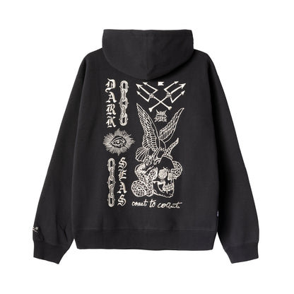 Black hoodie with white graphic designs on the back against a white background