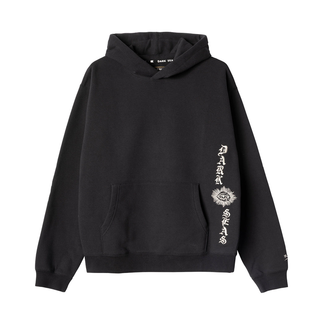 Black hoodie with a brand logo on the sleeve against a white background