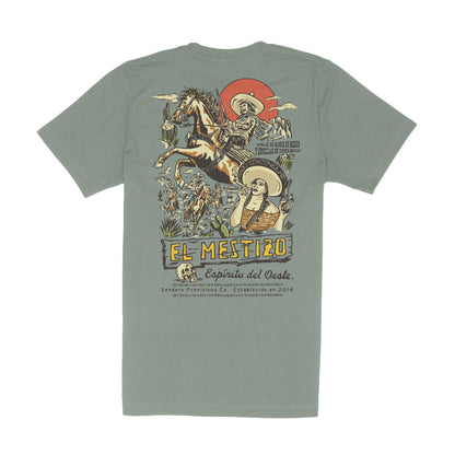 Green t-shirt with 'El Mestizo' graphic design on a white background