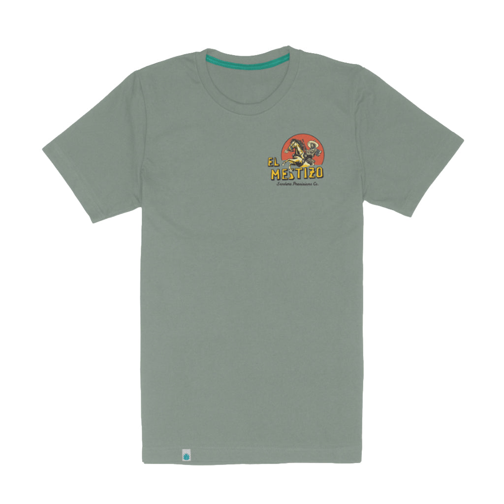 Gray t-shirt with a logo on the chest against a white background