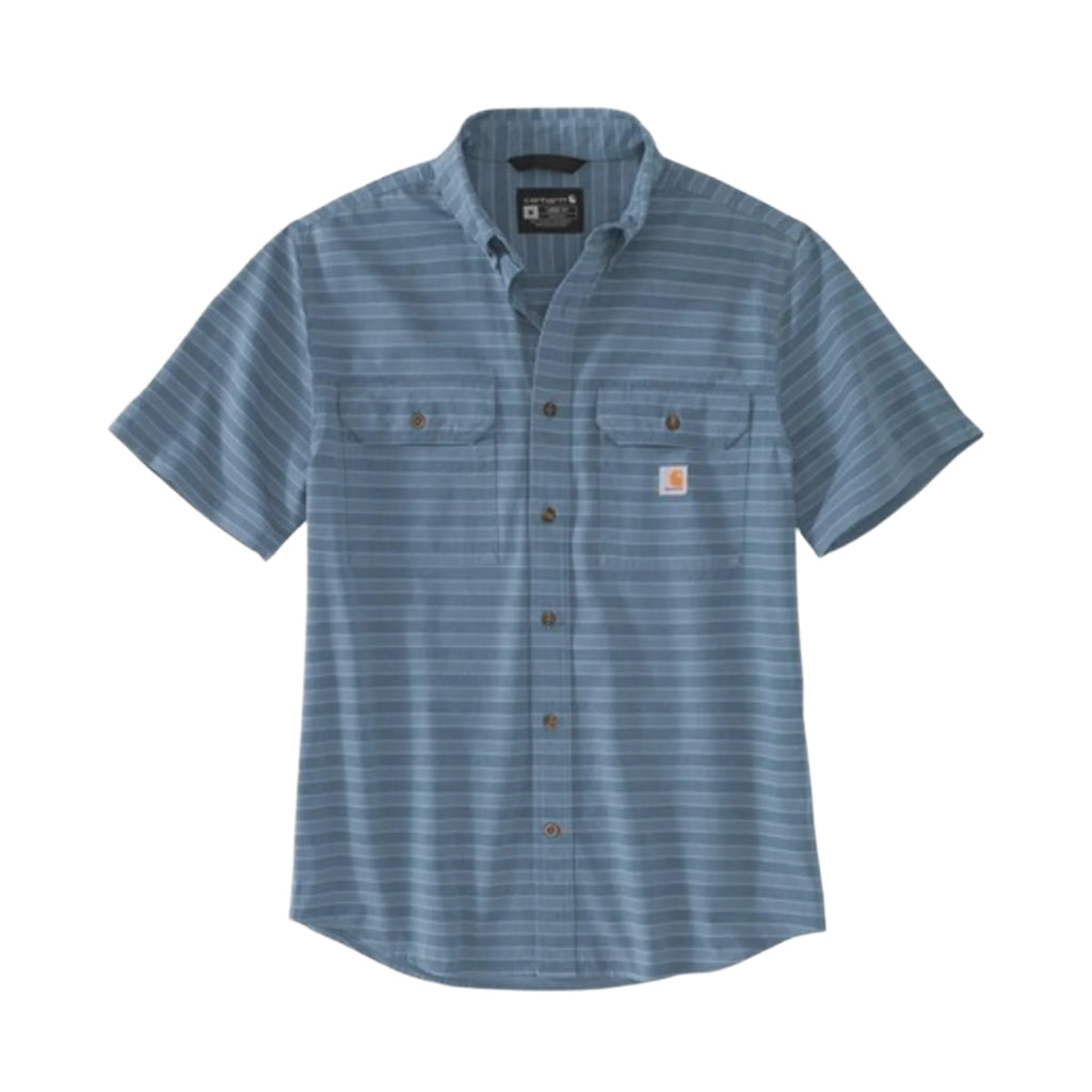 Blue striped short-sleeve shirt with Carhartt logo on a white background