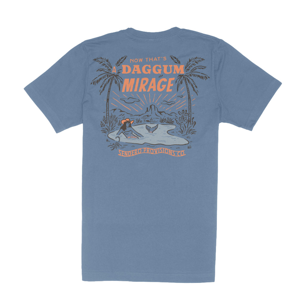 Blue t-shirt with a graphic design on the back featuring palm trees and text.