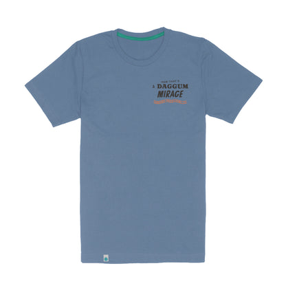 Blue t-shirt with text on a white background