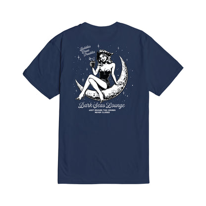 Navy blue t-shirt with a graphic design of a woman on a crescent moon and text on a white background