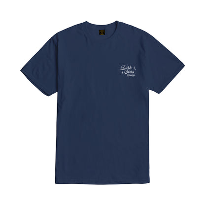 Navy blue t-shirt with white text on a white background
