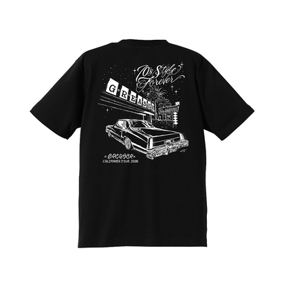 A black short-sleeve t-shirt shown from the back, featuring a large white graphic print of a classic car, fireworks, and the text 'Don't Stop Forever' and 'GREAT'.