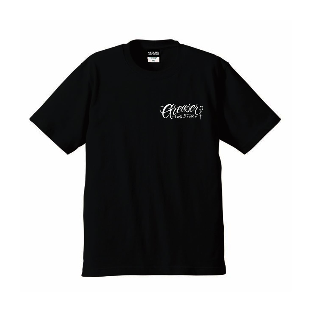A black short-sleeve crewneck t-shirt with 'Greaser' written in white cursive script and 'GALVESTON' in smaller white block letters underneath, displayed on a solid white background.