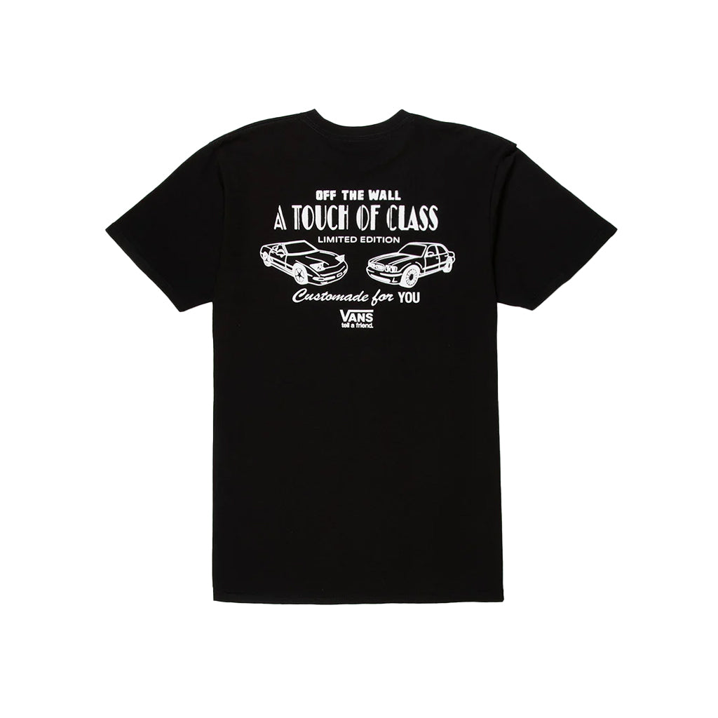 Black t-shirt with white text and car graphics on a white background