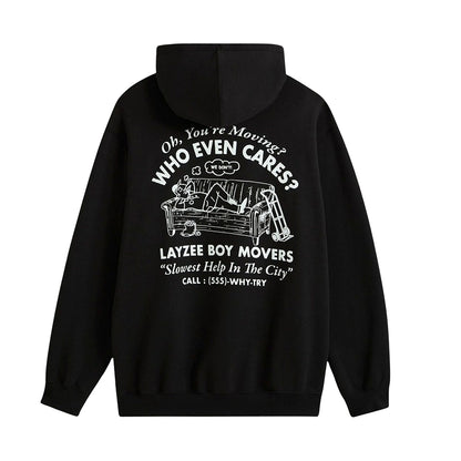 Black hoodie with white text and graphic on a white background