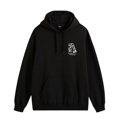 Black hoodie with a small white graphic on the chest against a white background