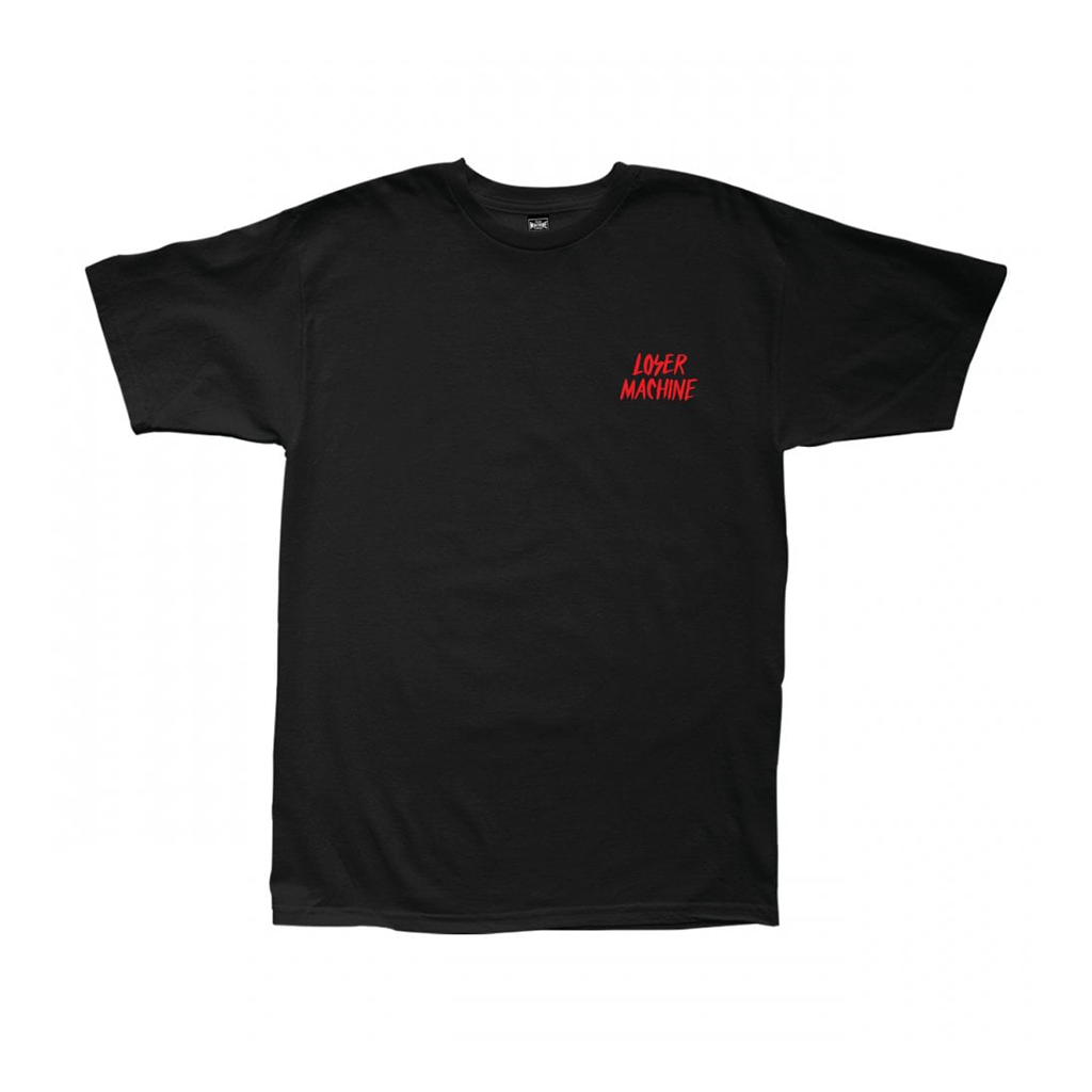 Black t-shirt with a logo on the chest against a white background