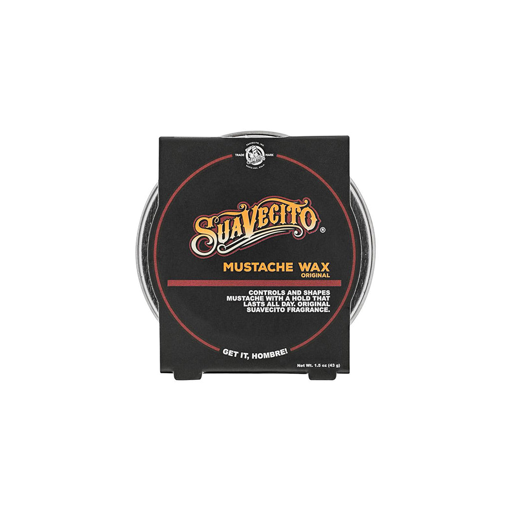 Suavecito mustache wax packaging on a white background