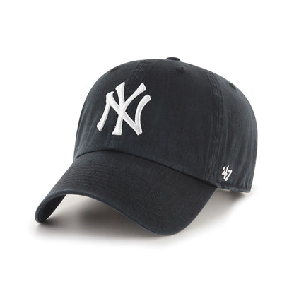 Black baseball cap with white logo on a white background