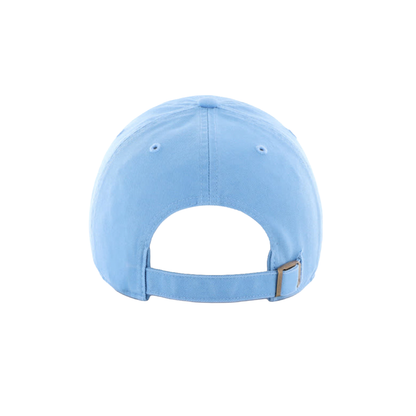 A light blue baseball cap shown from the back, featuring a curved strap with a small metallic silver buckle, set against a plain white background.