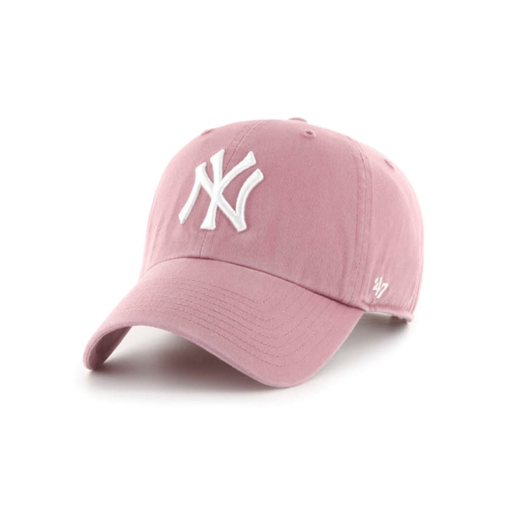 Pink baseball cap with white logo on a white background