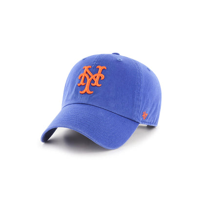 Blue New York Mets baseball cap with orange logo on a white background