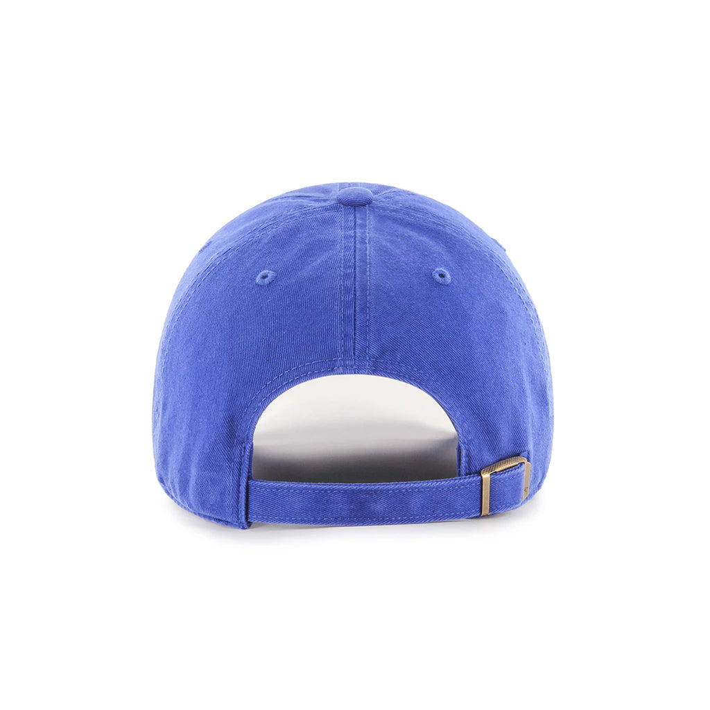 Blue cap with a gold logo on a white background