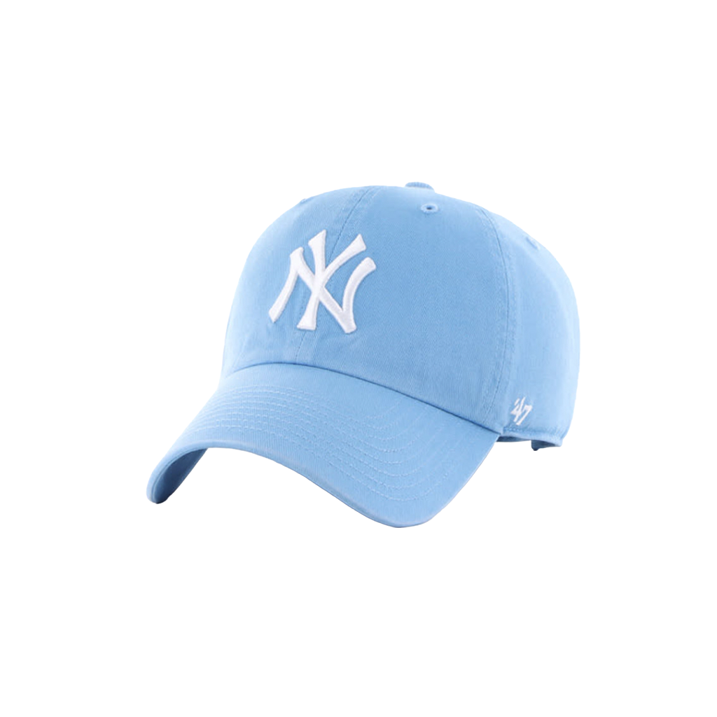 A light blue baseball cap featuring a white embroidered New York Yankees logo on the front and a small white '47 brand logo on the side, set against a plain white background.