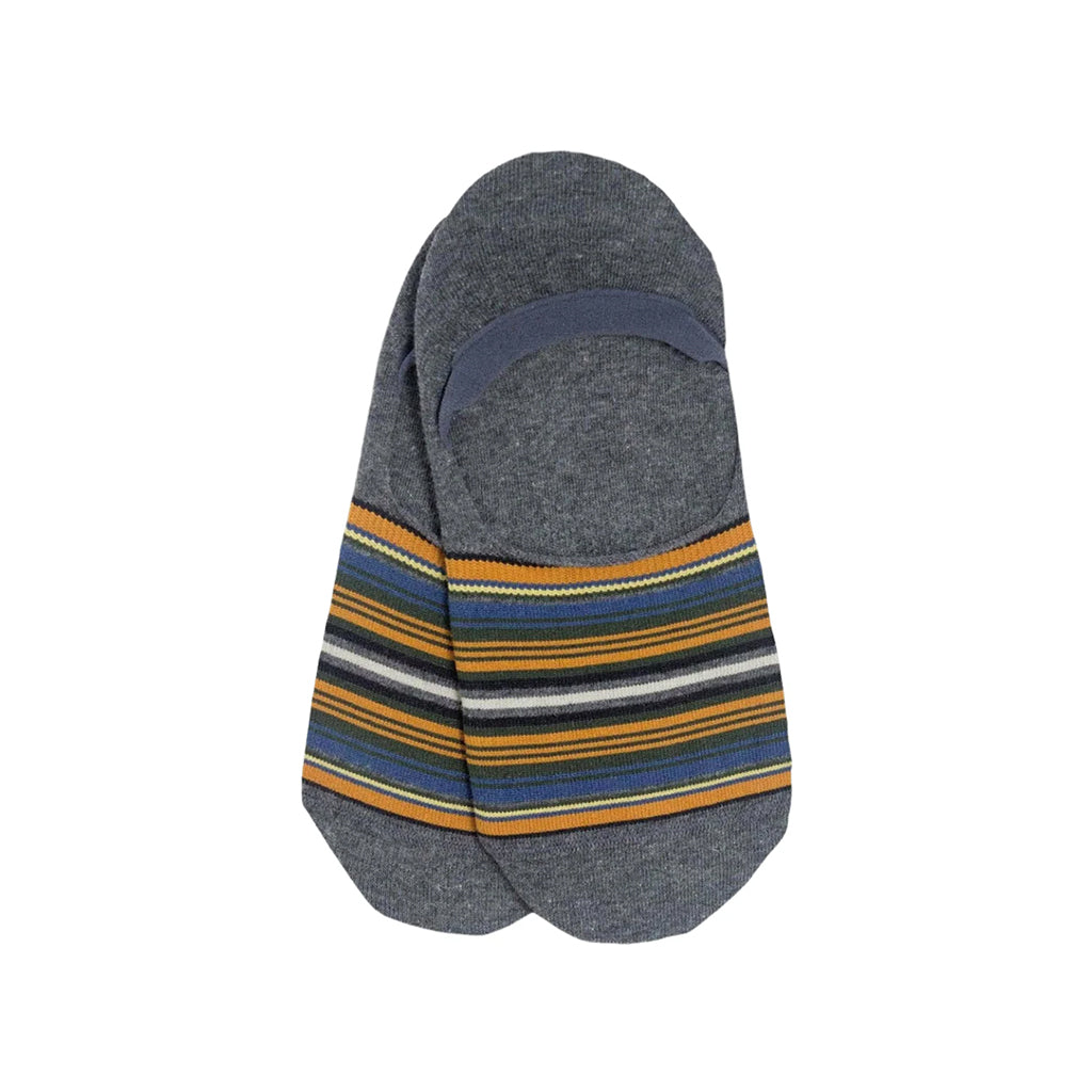 Gray sock with multicolored stripes on a white background