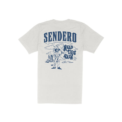 White t-shirt with blue graphics and text on a white background