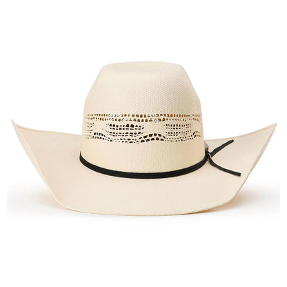 Beige cowboy hat with a black band on a white background