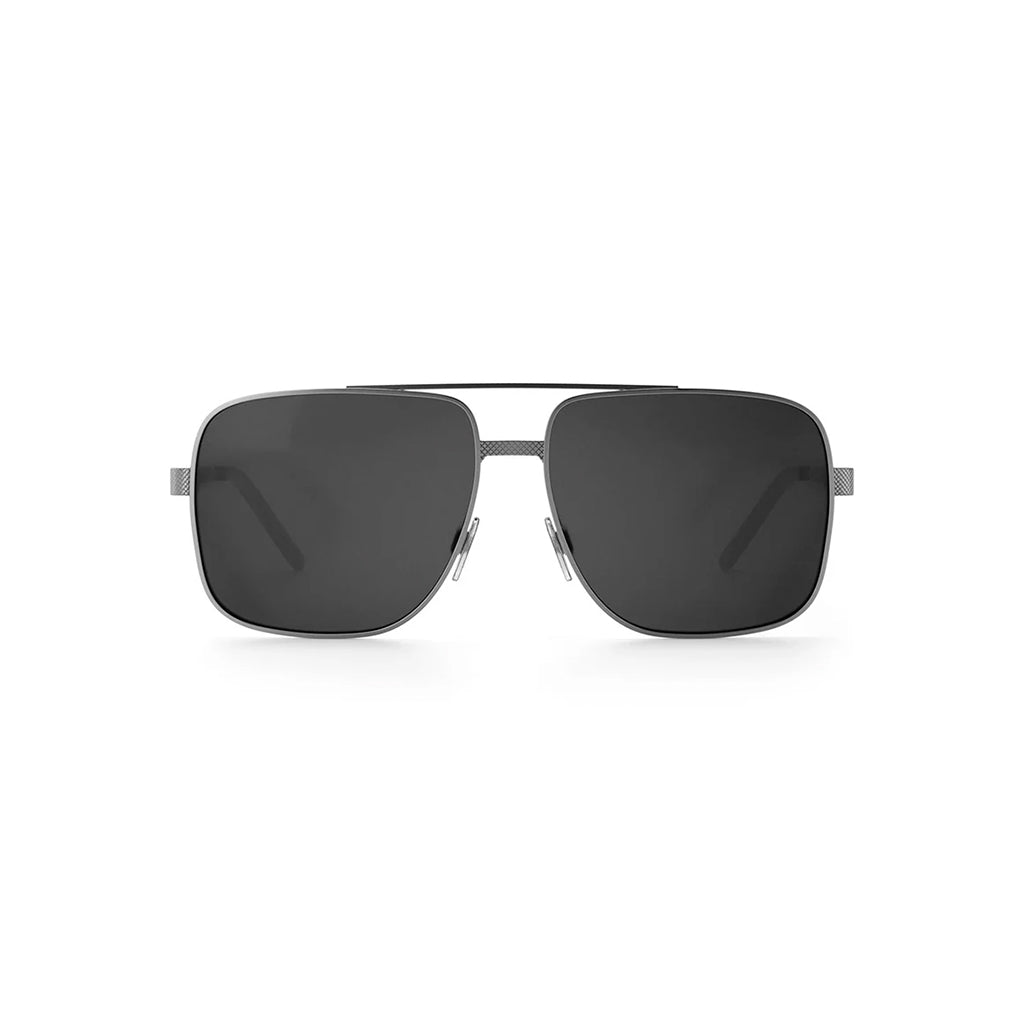 a squared-off metal frame aviator, featuring a metal rim, with modern flat lenses 