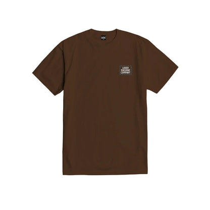 Brown t-shirt with a small logo on the chest against a white background